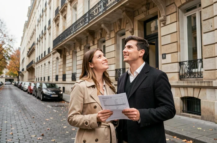 Jeune couple évaluant un immeuble haussmannien pour un premier investissement immobilier à Paris