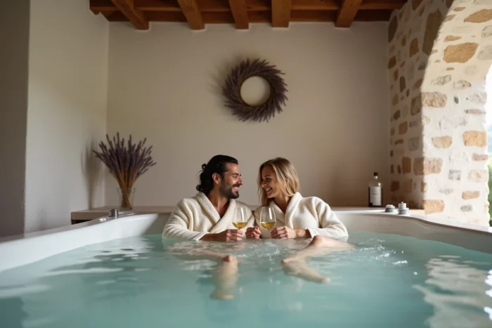 Couple en robe de bain profitant d'un jacuzzi privatif dans une suite romantique d'hôtel en Alsace