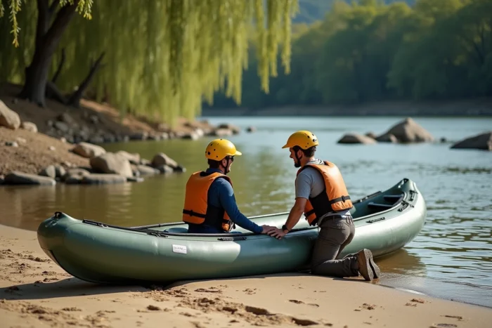 Couple sur une plage de sable au bord d'une rivière aidant à stabiliser un kayak gonflable biplace avant d'embarquer en toute sécurité