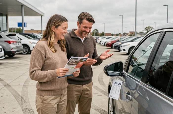 Un couple découvrant les meilleures promotions automobiles dans un lot de voitures en plein air
