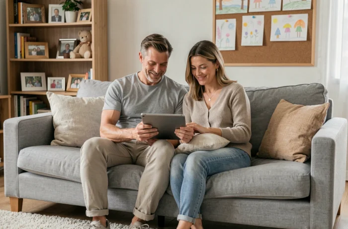 Couple de parents consultant une tablette pour trouver des produits familiaux en ligne dans leur salon