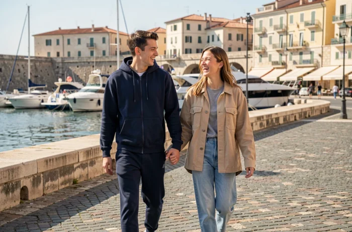 Couple de rappeurs en promenade romantique sur le port de Marseille en tenue streetwear