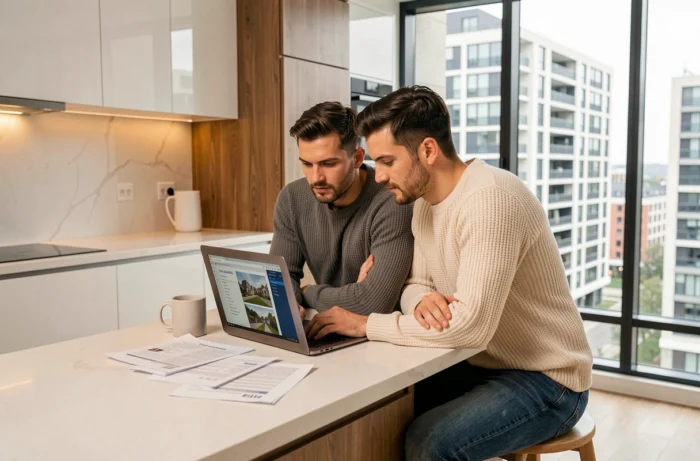 Couple consultant des annonces immobilières sur ordinateur avec des documents de prêt dans un appartement neuf moderne