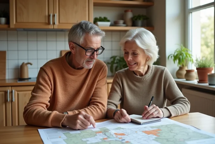 Couple étudiant le PLU et les documents d'urbanisme avant d'acheter un terrain constructible en France