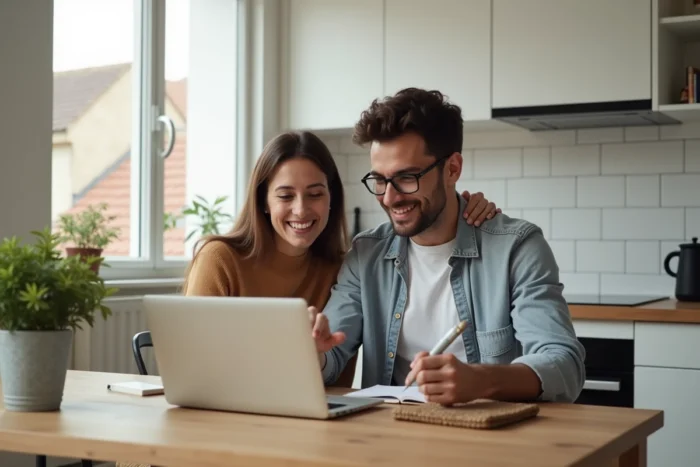Couple recherchant ensemble une location sur LocService depuis leur cuisine moderne