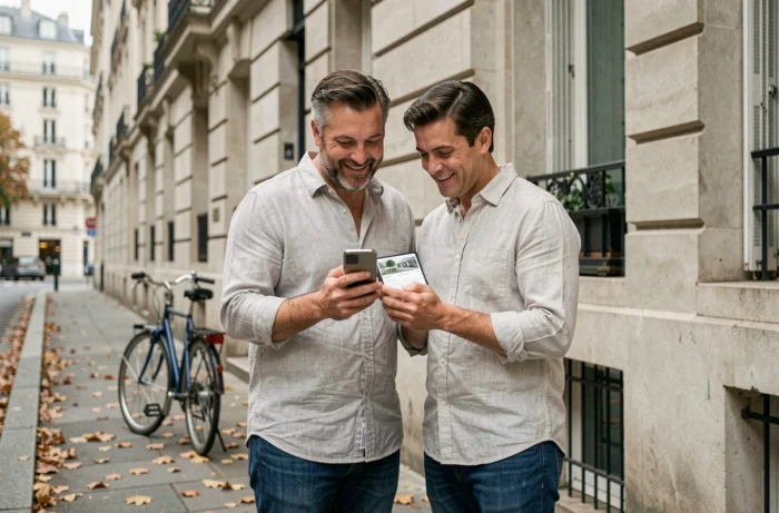Couple consultant des annonces immobilières sur smartphone devant un immeuble haussmannien