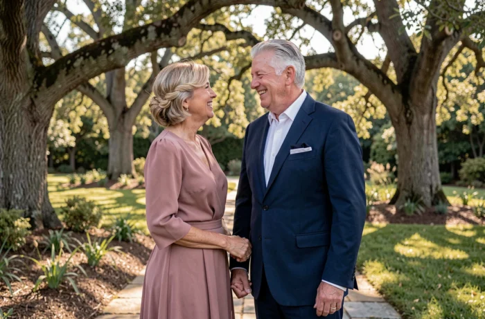 Couple élégant dans la soixantaine en tenue de mariage chic, femme en robe en mousseline rose et homme en costume bleu marine, dans un jardin avec des chênes