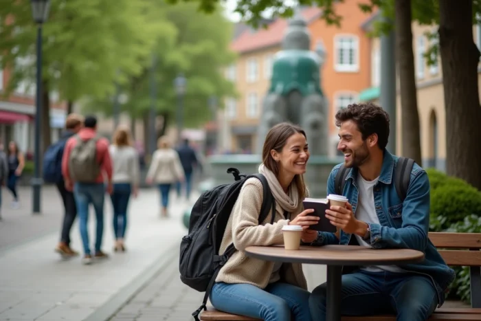 Couple de voyageurs profitant d'une terrasse de café dans une place publique calme et sécurisée en Scandinavie