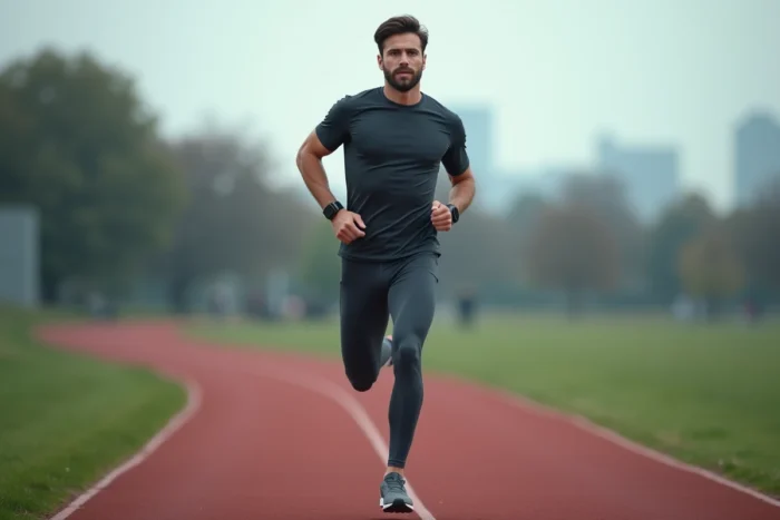 Coureur portant une montre GPS et un équipement de running technique sur une piste d'athlétisme