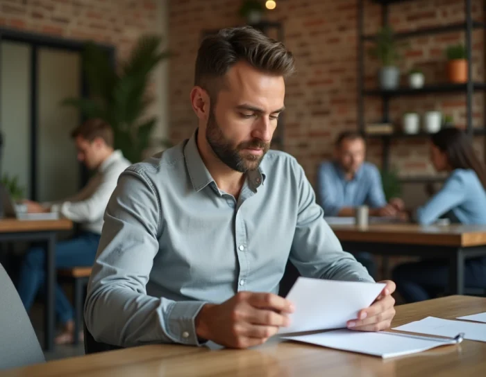 Homme ouvrant son courrier dans un espace de coworking, domiciliation postale pour nomades et professionnels sans adresse fixe
