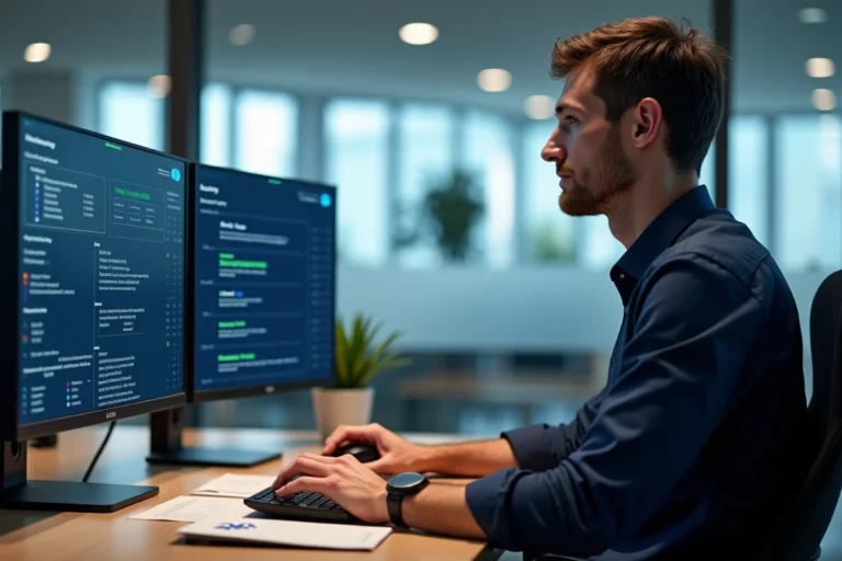 Courtier en assurance utilisant une plateforme extranet AXA sur double écran dans un bureau moderne