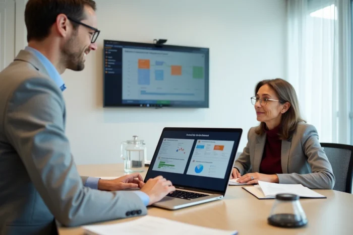 Deux courtiers comparant des plateformes extranet AXA lors d'une réunion professionnelle en salle de conférence
