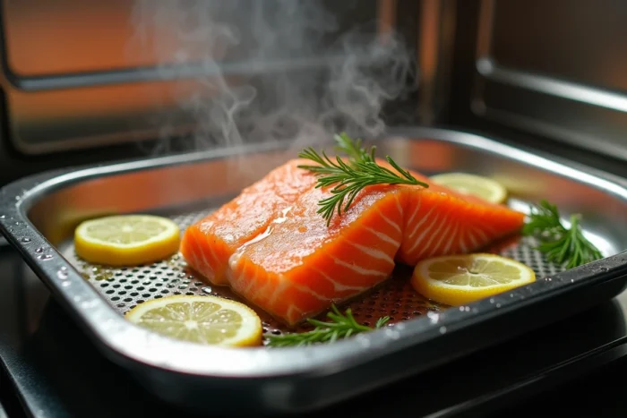 Intérieur d'un four à vapeur avec un filet de saumon et des herbes fraîches en cours de cuisson