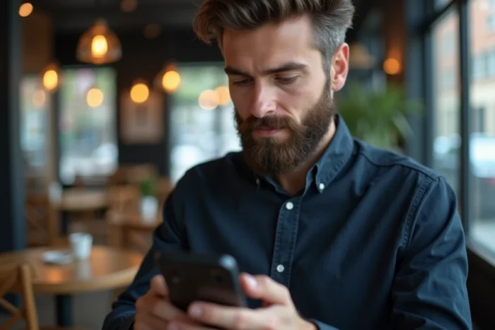 Homme désactivant les services de localisation GPS dans les paramètres de son téléphone dans un café