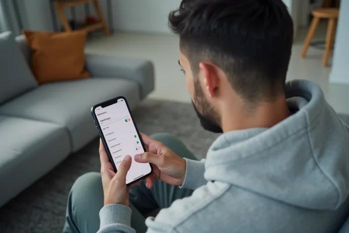 Homme désactivant individuellement le Wi-Fi, le Bluetooth et le NFC dans les paramètres de son téléphone