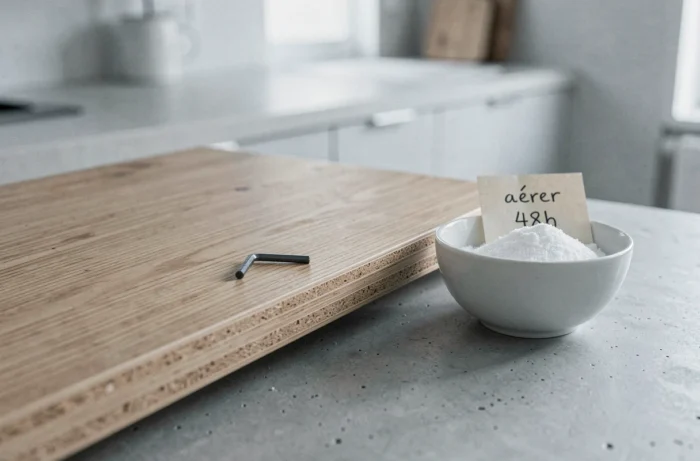 Gros plan sur une surface de meuble Ikea en aggloméré avec bicarbonate de soude pour absorber les odeurs et note manuscrite indiquant 48h d'aération