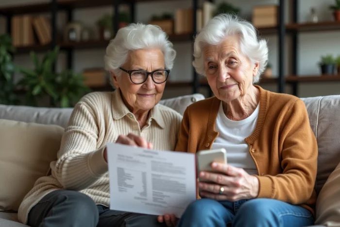 Deux femmes seniors consultant une facture d'abonnement ensemble avant d'appeler le service client Le Fil des Ans