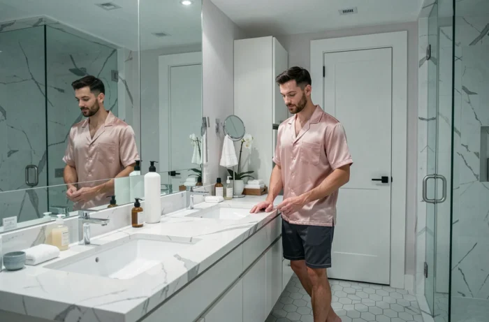 Deux hommes en nuisettes grise et rose dans une salle de bain contemporaine marbre, tendance mode lingerie masculine