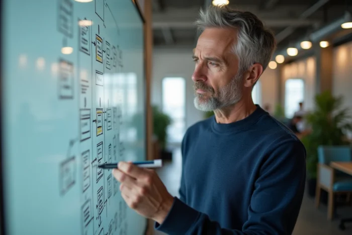 Développeur web debout devant un tableau blanc avec un schéma de sitemap dessiné à la main dans un espace de coworking