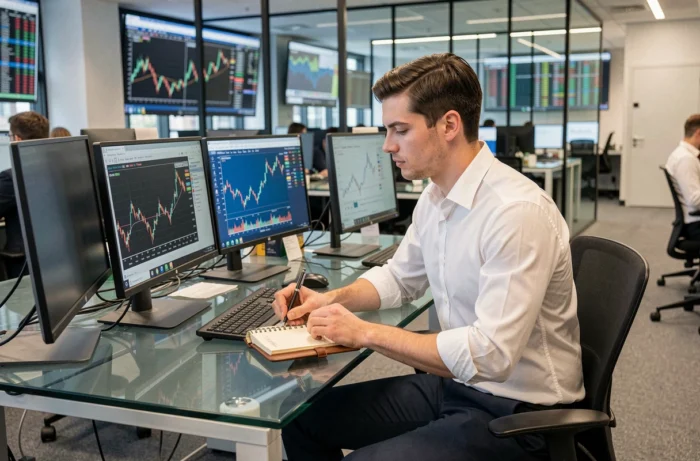 Jeune diplômé du master El Karoui travaillant sur des données financières dans une salle des marchés parisienne