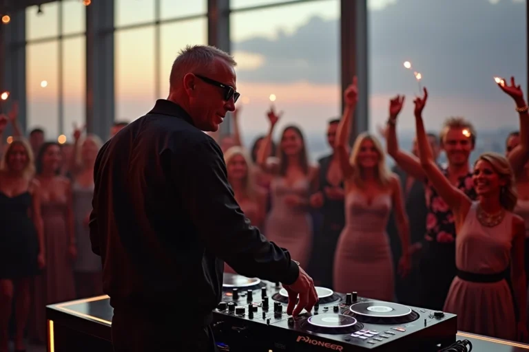 DJ professionnel derrière ses platines lors d'un événement privé de luxe en rooftop avec vue sur la ville