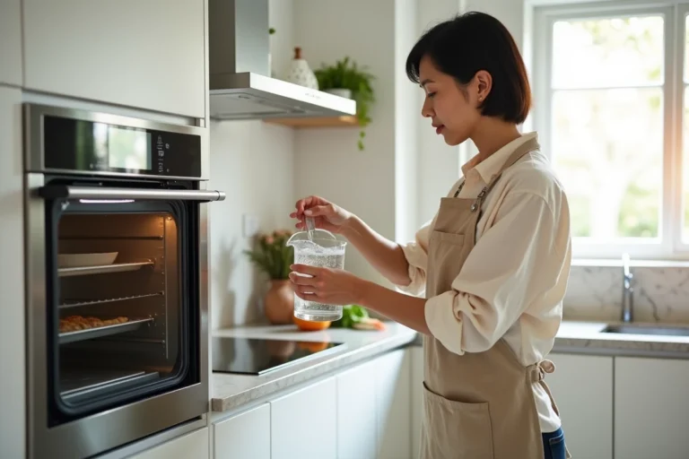 Femme versant de l'eau dans le réservoir d'un four à vapeur intégré dans une cuisine moderne