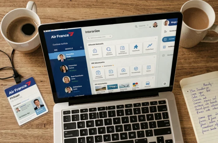 Écran d'ordinateur affichant le tableau de bord du portail intranet IPN Air France sur un bureau de travail