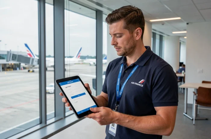 Employé Air France accédant au portail IPN depuis une tablette dans une salle de pause d'aéroport