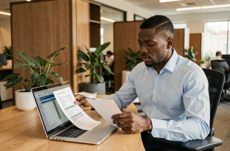 Employé sénégalais analysant des documents de salaire dans un bureau moderne à Dakar en 2024