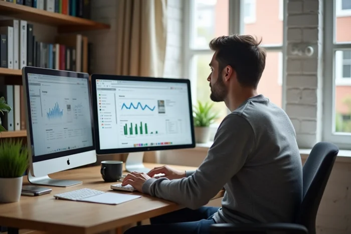 Homme entrepreneur en télétravail consultant des outils digitaux de croissance sur double écran dans un bureau à domicile aménagé