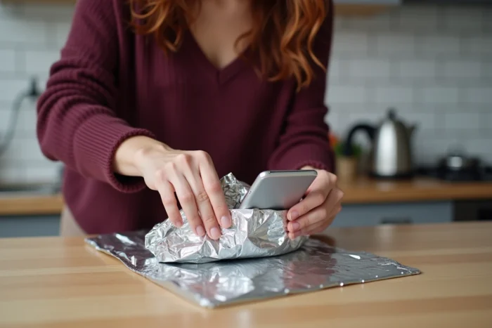 Femme enveloppant son téléphone dans du papier aluminium sur un plan de travail de cuisine
