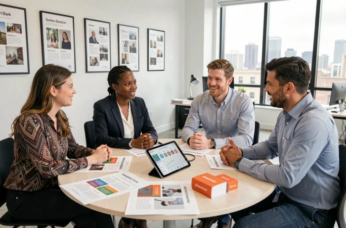 Équipe marketing diversifiée collaborant autour de rapports de campagne et d'analyses numériques dans une startup moderne