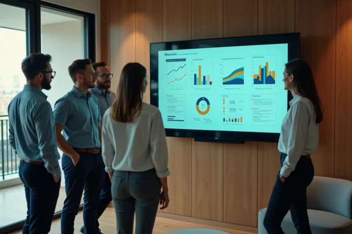 Équipe de professionnels en réunion collaborative autour d'un écran interactif avec des outils digitaux innovants pour accélérer la croissance d'une entreprise
