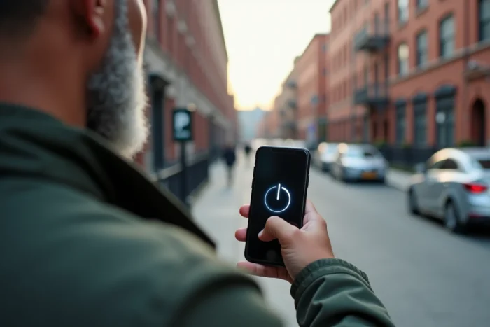 Homme éteignant complètement son téléphone en maintenant le bouton d'alimentation