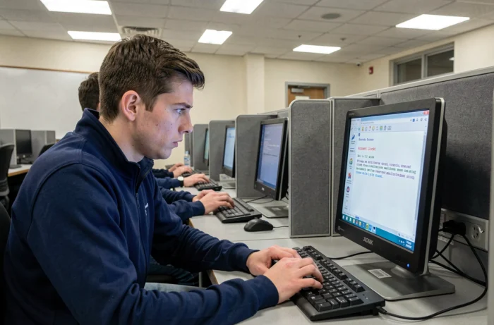 Étudiant face à un message de blocage de compte ENT sur un ordinateur de salle informatique universitaire