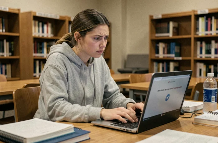 Étudiante frustrée tentant de débloquer son compte ENT sur un ordinateur portable dans une bibliothèque universitaire