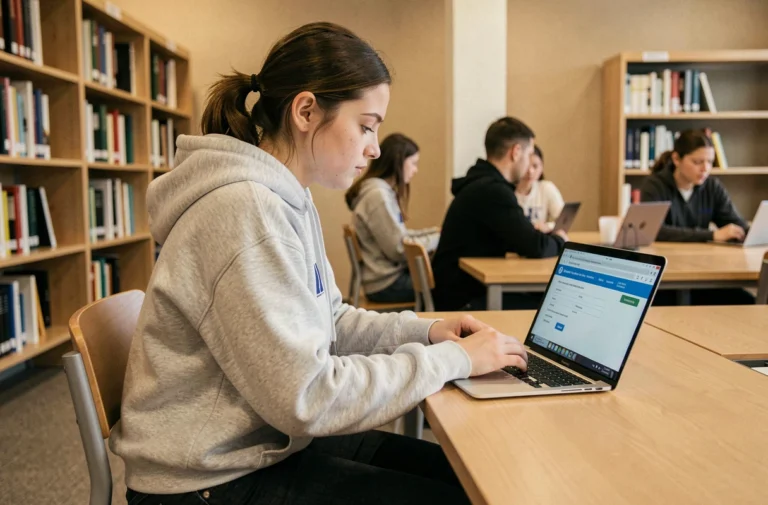 Étudiante remplissant un formulaire d'inscription en ligne sur la plateforme ecandidat de l'UPEC Créteil depuis un ordinateur portable en bibliothèque universitaire