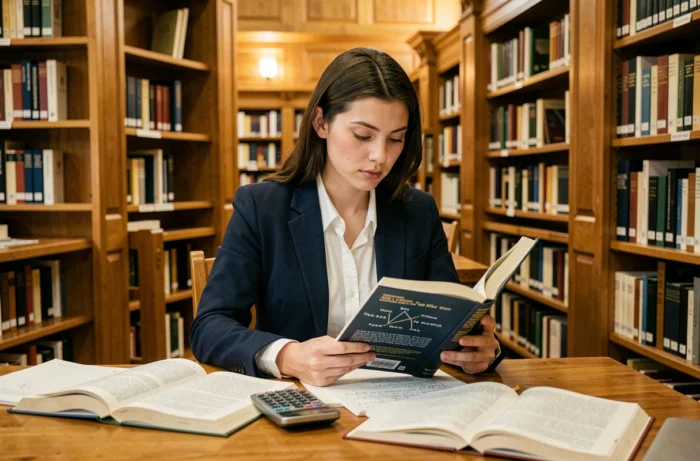 Étudiante du master El Karoui étudiant des mathématiques financières dans une bibliothèque universitaire prestigieuse