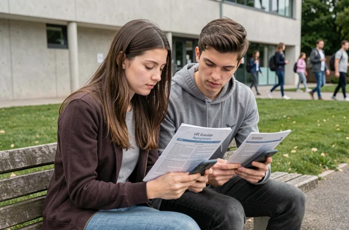 Deux étudiants consultant ensemble les instructions d'inscription sur la plateforme ecandidat de l'UPEC Créteil sur le campus universitaire