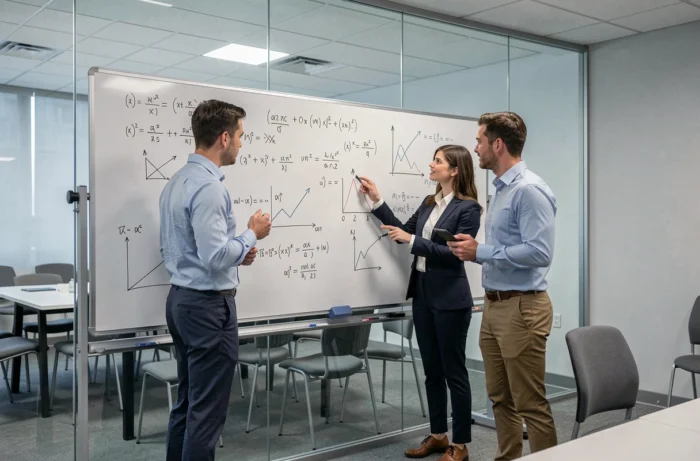 Groupe d'étudiants en master de finance quantitative devant un tableau de formules mathématiques dans une salle de séminaire