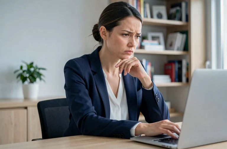 Femme analysant la réputation d'un site web sur son ordinateur portable dans un bureau à domicile moderne