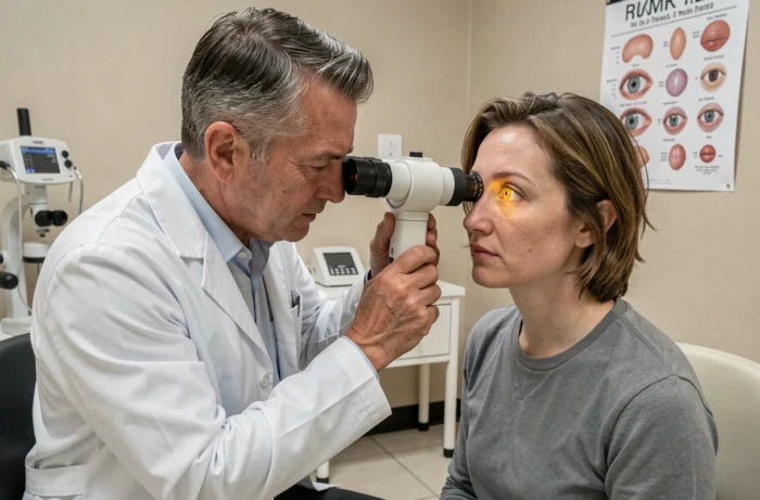 Ophtalmologue examinant l'œil jaune d'un patient dans un cabinet médical moderne, en lien avec un diagnostic de santé oculaire