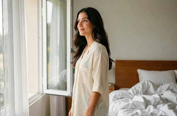 Femme s'exposant à la lumière naturelle du matin debout près d'une fenêtre ouverte, yeux mi-clos dans une chambre calme