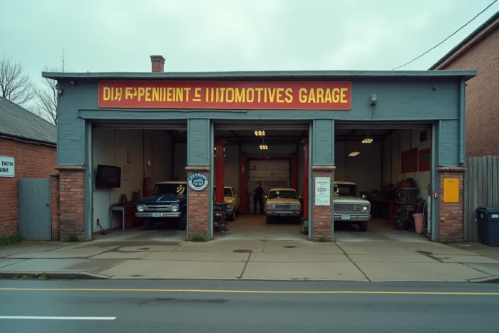 Vue extérieure d'un garage automobile indépendant avec portes ouvertes et mécaniciens travaillant sur des véhicules à l'intérieur