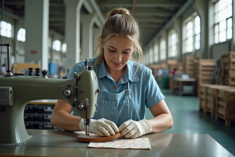 Ouvrière assemblant des sandales Scholl dans une usine de fabrication de chaussures