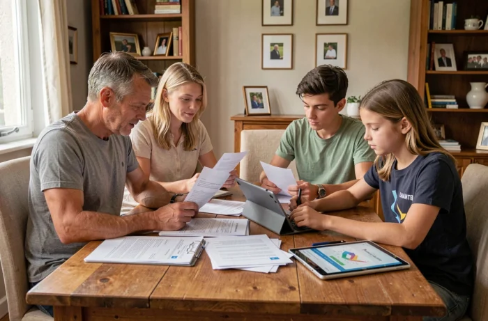 Famille réunie autour d'une table pour comprendre le calcul du quotient familial et optimiser leur fiscalité