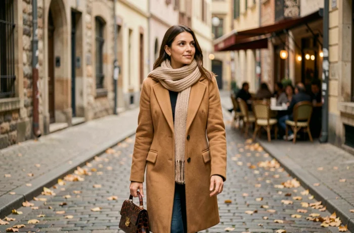 Femme élégante en manteau camel et écharpe tendance marchant dans une rue pavée européenne en automne