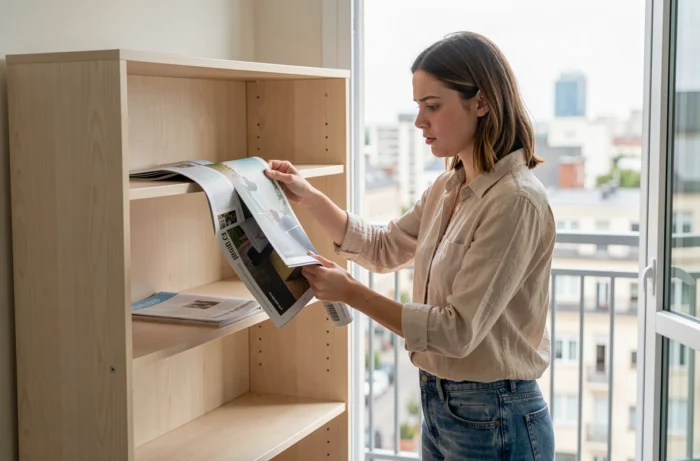 Jeune femme aérant une bibliothèque Billy Ikea fraîchement assemblée près d'une porte balcon ouverte dans un appartement urbain