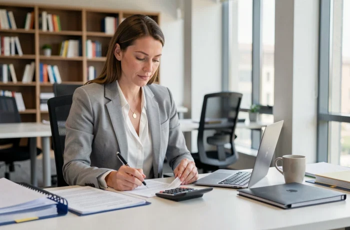 Femme professionnelle analysant une déclaration d'impôts avec calculatrice pour optimiser le quotient familial