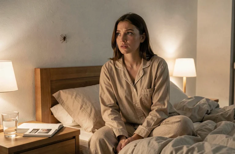 Femme réveillée la nuit observant une araignée sur le mur de sa chambre à coucher